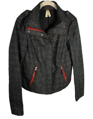 We The Free/‎ Free People Black Brown Animal Print Moto Red Zip Jacket Coat Sz 4 thumbnail 1