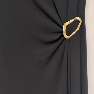Midi Black Cocktail Elegant Black One-Shoulder Evening Dress with Gold Accent thumbnail 3