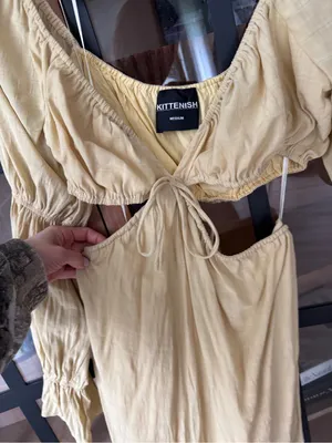 Kittenish mini dress long sleeve cutout vneck open back mustard butter tie front thumbnail 9