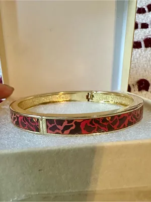 Sequin Gold-Tone Red pink brown Havana Patterned Bangle Bracelet NIB thumbnail 2