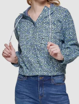 NEW Tommy Hilfiger Blue Floral Cotton Hoodie Pullover Jacket Medium thumbnail 1