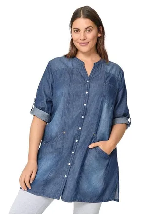 Ellos Plus Size Blue Denim Chambray Button-Front Roll Tab 3/4 Sleeve Tunic Shirt thumbnail 1