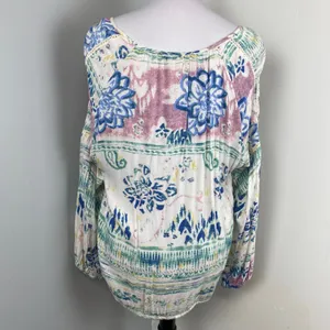 O'Neill Pastel Watercolor Floral Tie Front Boho Scoop Neck Peasant Blouse XL thumbnail 5