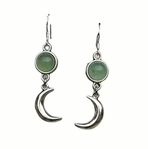 The Moon Stainless Steel Silver Vintage Green Stone Moon Shaped Earrings thumbnail 1