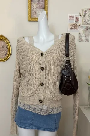 Moon & Madison Cardigan Size M Beige Open Knit V-Neck Button Down Sweater thumbnail 1
