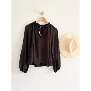 Madewell | NWT Tie Neck Blouse Black‎ Long Sleeve Top | Sz L thumbnail 2