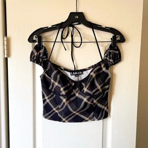 I.AM.GIA Carmel Top Black Check Plaid Halter-Tie Puff Sleeve XS‎ EUC thumbnail 2