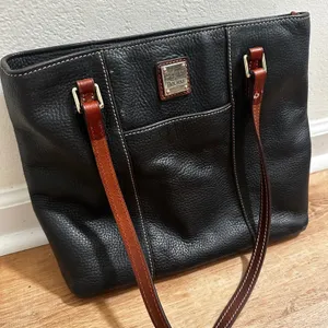 Dooney & Bourke Black Pebbled Leather Tote Bag Cognac Trim Shoulder Bag thumbnail 2