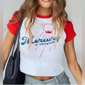 Mercury In Retrograde Crop Baby Tee White Red Raglan Baseball Astrology Size‎ M thumbnail 1
