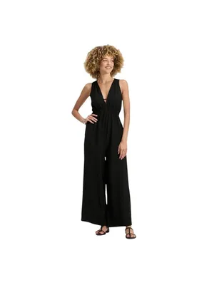 A New Day Sleeveless V Neck Keyhole Cinch Waist Side Pockets Jumpsuit Black M thumbnail 7
