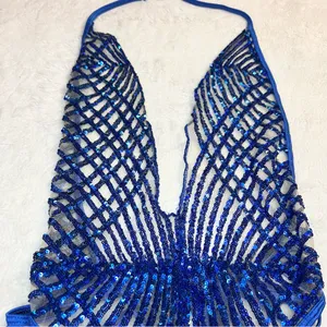 Brazilian Blue Sequin Sheer Plunge One-Piece Thong Side Tie Swimwear Size Small thumbnail 2