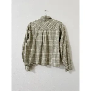 Wilfred Free Plaid Cropped Button Front Shirt Jacket Shacket Green Cream thumbnail 2