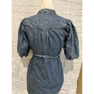 Rebellion denim puff sleeve button down short shirt dress with a tie waist S thumbnail 5