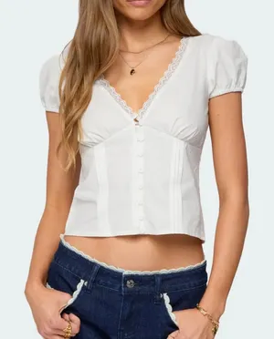 Edikted Crop Top v neck lace trim womens White medium coquette girl cottagecore thumbnail 1