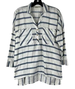 Zara Basic White Blue Striped V-neckline 3/4 Sleeve Blouse XS thumbnail 1