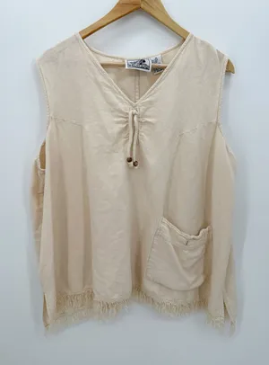 Nubian Queen Tank Women 4X Cream Rayon Linen‎ Lagenlook Boho Fringe Pocket Shirt thumbnail 1