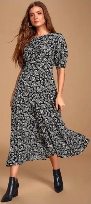 Free People Jessie Black Cream Ditzy Floral Smock Puff Sleeve Dress 90’s SZ 12 thumbnail 1