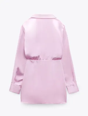 mini dress satin effect drapped long sleeve pink party wedding coctail thumbnail 7