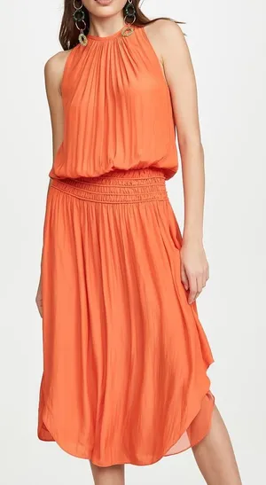 Ramy Brook Audrey smocked drop waist midi Dress in crimson Orange 🍊 thumbnail 1