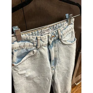 Zara distressed‎ wide-leg jeans knee rips raw hem women's 2 thumbnail 2
