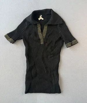 Cache Womens Black Studded Ribbed Knit Polo Top Short Sleeve Gold Studs Small thumbnail 1