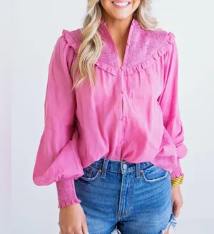 Karlie‎ Large Pink Linen Smock Top Button Up Long Sleeve Lightweight Ruffle NWOT thumbnail 1