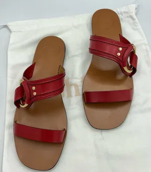CHLOE Demi Leather Slide Flat Sandals Size EU 39.5 US 9.5 Red Tan Gold hardware thumbnail 1