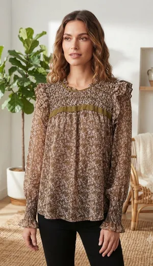 Smocked Ruffle Olive Floral Blouse thumbnail 1