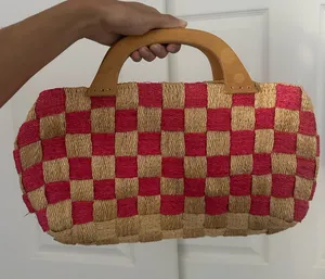 Pink and Beige Woven Checkered Straw Handbag with Wooden Handle thumbnail 1