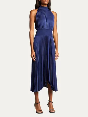 ALC Frank Renzo maxi dress Sleeveless Smocked Pleated teal satin high neck wedding thumbnail 4