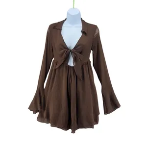 Urban Outfitters Mini Drress S Brown Tie Front Long Bell Sleeve‎ Boho Y2K Fairy thumbnail 2