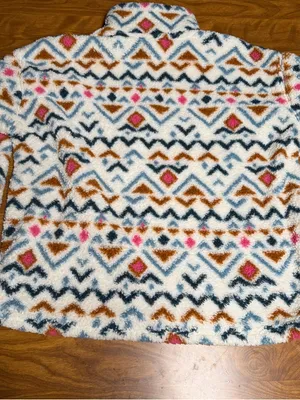 Eddie Bauer Plush Fleece 1/4 zip pullover Jacket Cream Blue, Brown Pink print XL thumbnail 7