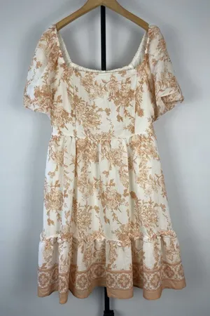 Blu Pepper White Orange Cottage Core Antique Floral Mini Puff Sleeve‎ Dress Sz L thumbnail 1