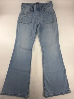 Aeropostale Low Rise Flare Jeans Light Wash Blue Patch Pockets LXSFBA195 25x30.5 thumbnail 1