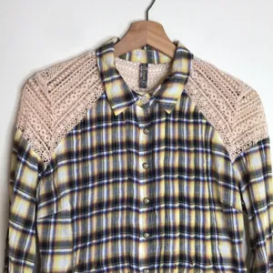 Free People Women's Flannel Plaid Crochet Lace Button Up Shirt Yellow Size XS thumbnail 4