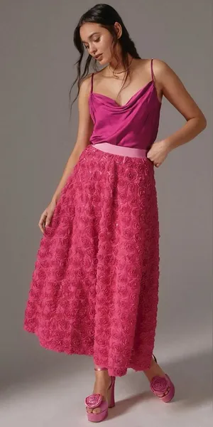 Anthropologie Pink Maeve Floral Appliqué Skirt Midi Womens‎ Size 2 thumbnail 1