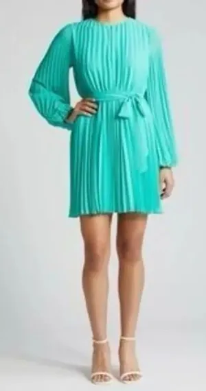 Sam Edelman Turquoise Pleated Long Sleeve Dress Size 4 NEW #779 thumbnail 1