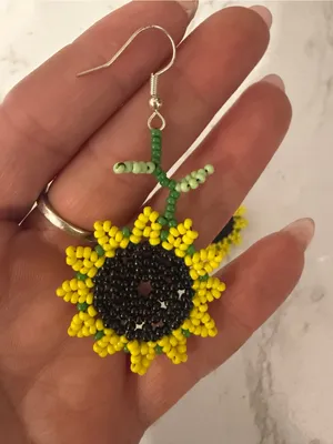 Handmade Beaded Sunflower Dangle Earrings - Yellow & Black thumbnail 2