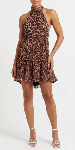SHEIN Haute Leopard Print Halter Mini Dress Brown Ruffled Hem Size M thumbnail 1