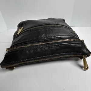 Fossil Vintage Black Leather Crossbody Bag Brown Trim Brass Key Y2K thumbnail 13