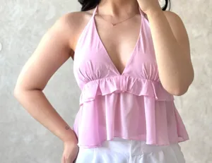 UUE Pink Halter Babydoll Top Open Back Flowy Ruffle Blouse Size XL thumbnail 1