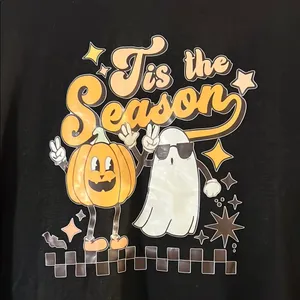 Festive Black Halloween Tee with Ghost and Pumpkin Size L thumbnail 2