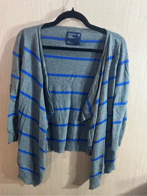 American Eagle Outfitters Gray Cardigan with Blue Stripes Size Small thumbnail 1
