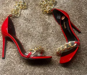 True Religion Elegant RedPatent High Heel Sandals w/Gold Chain Accents free gift thumbnail 1