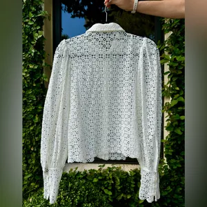 & Other Stories White Crochet Lace Button-Up Puff Sleeve Top thumbnail 3