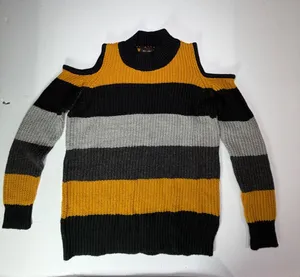QED London Black, Gray & Mustard Striped Cold-Shoulder Turtleneck Sweater thumbnail 1