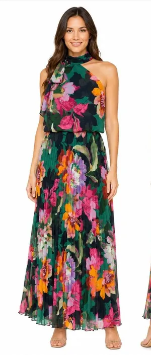 XSCAPE - Gia Floral Print Pleated Chiffon Halter Maxi Dress thumbnail 1