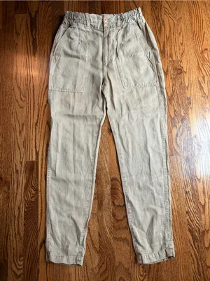 AMO Drapey Army Pant Linen Cotton Khaki Paperbag Waist Utility Pants Sz 26 thumbnail 5