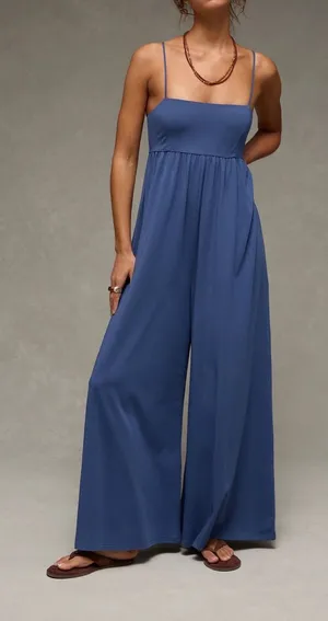 American Eagle Empire Waist Wide-Leg Knit Jumpsuit XS Deep Sea Blue NWT thumbnail 1