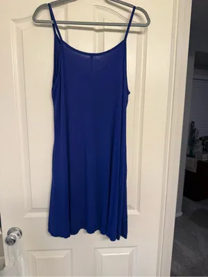 Royal Blue Spaghetti Strap Slip Dress XL | Flowy Rayon Tank Dress with Pockets thumbnail 11